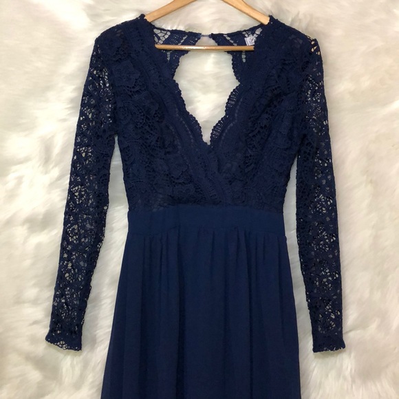 Navy Blue Long Sleeve Lace Maxi Dress - Picture 3 of 6